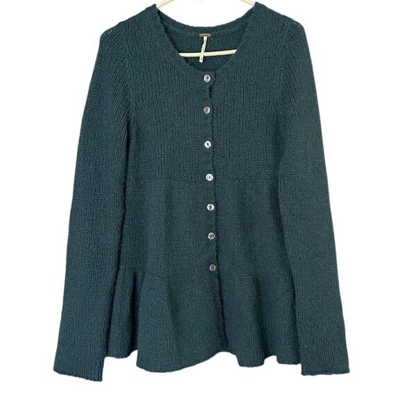 Free People Ruffle Hem Wool-Blend Cardigan Women’s Med Teal Fall Soft Cozy - Picture 1 of 5